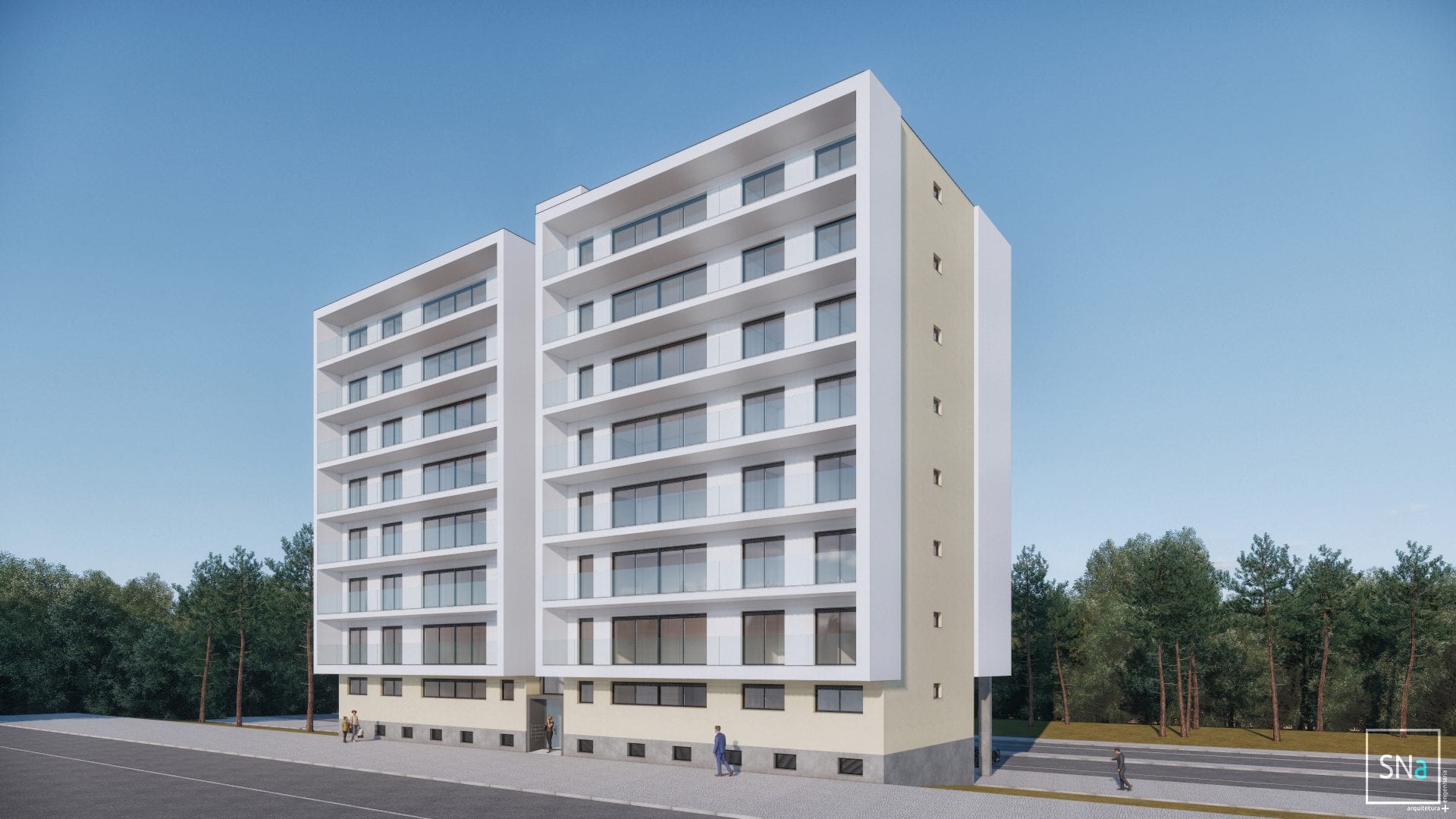 Design image of the new building in Torre da Marinha, in perspective, with two blocks
