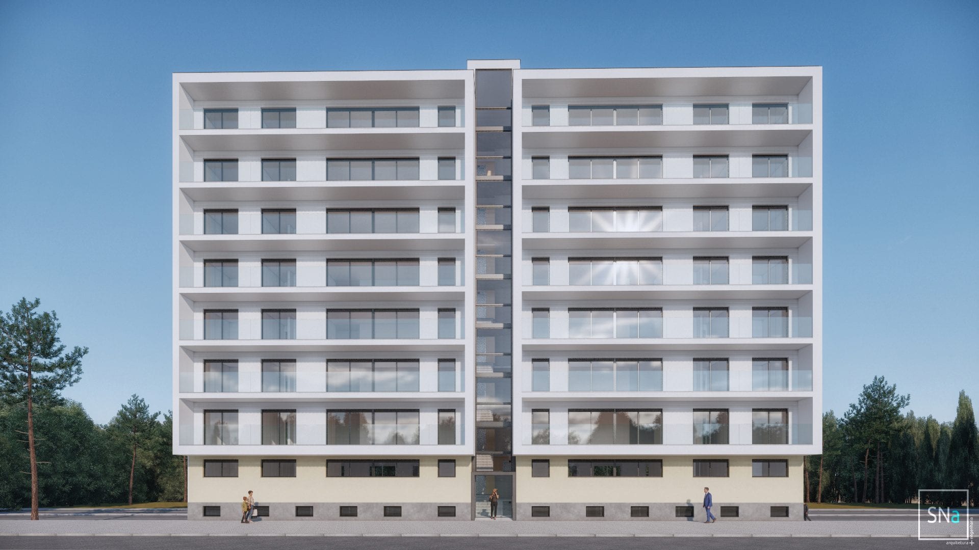 Design image of the new building's main façade, with the stairwell in the centre