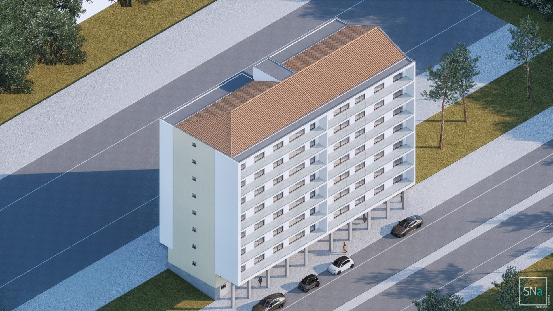 Design image of the new building seen from above, with the roof and the street in front